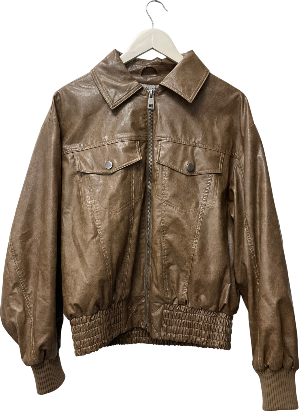 Topshop Faux Leather Bomber Jacket In Washed Brown UK XS