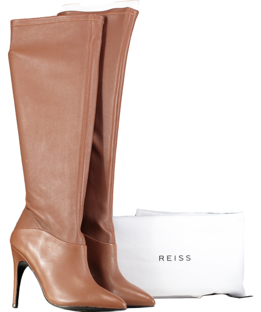 REISS Brown Knee High Stretch Leather Boots In Tan UK 6 EU 39 👠