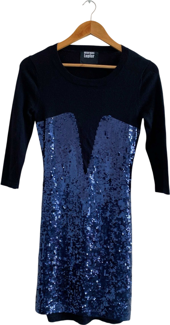 MARKUS LUPFER Black & Navy Sequin Front Knit Dress UK S