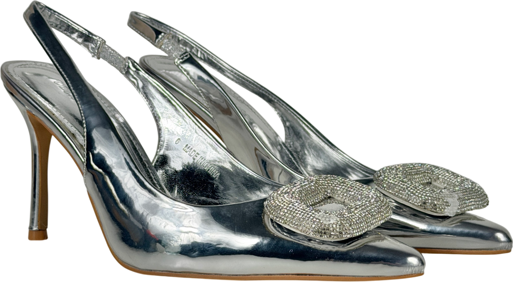 Public Desire Metallic Floss Mirror Silver Diamante Embellished Sling Back Court Heels UK 6 EU 39 👠