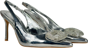 Public Desire Metallic Floss Mirror Silver Diamante Embellished Sling Back Court Heels UK 6 EU 39