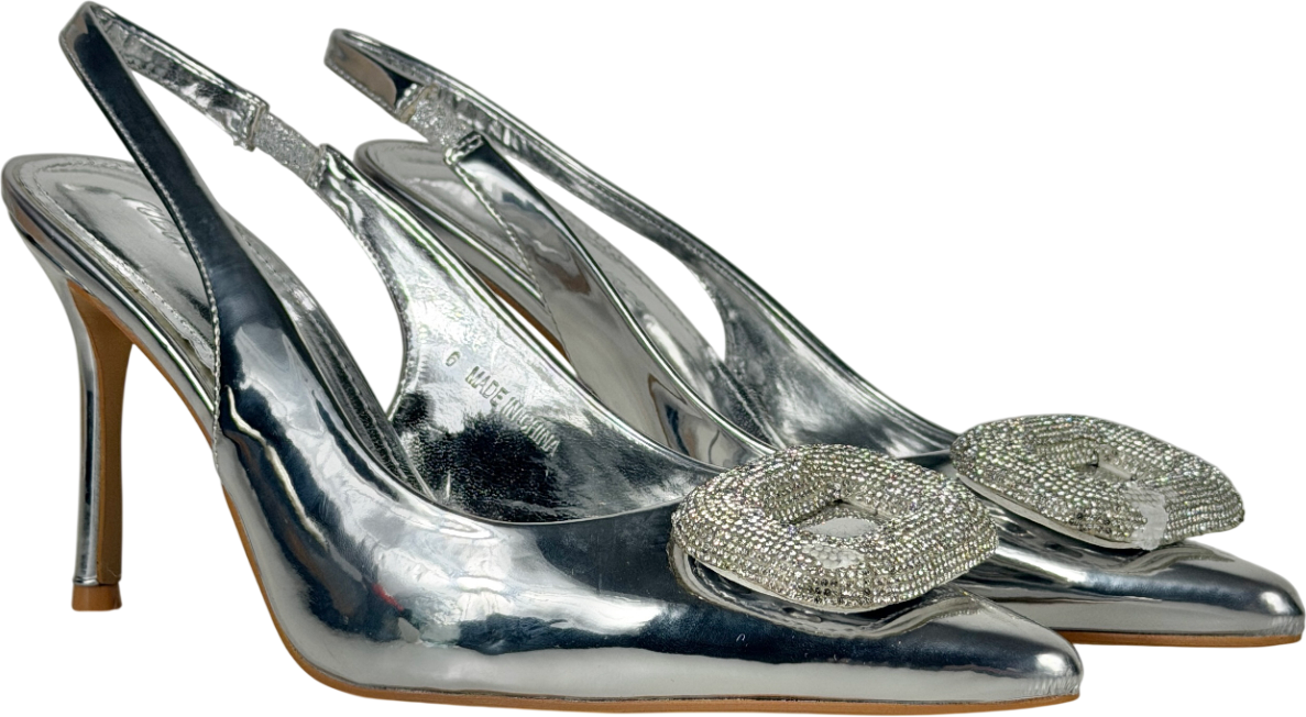 Public Desire Metallic Floss Mirror Silver Diamante Embellished Sling Back Court Heels UK 6 EU 39 👠