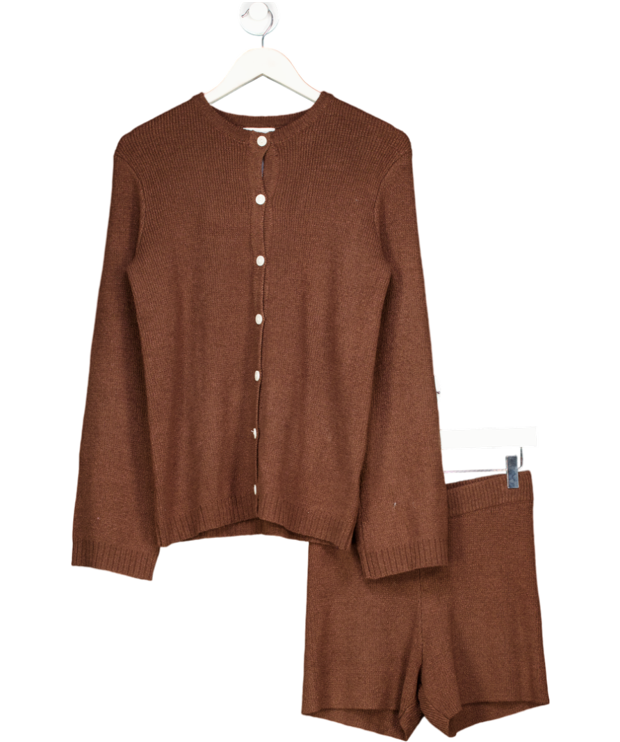 PRETTY LAVISH 2-piece Chocolate Brown Gracie Fine Tape Knit Cardgian & Shorts Set UK XS
