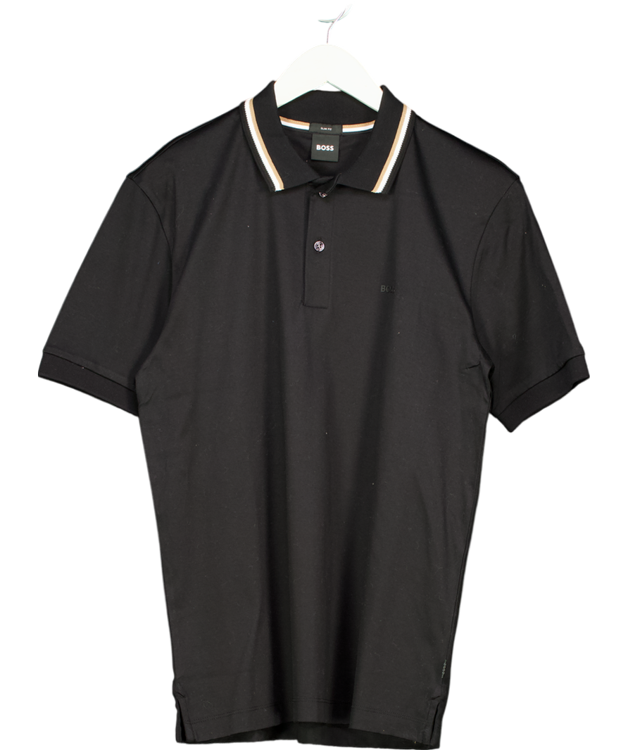 BOSS Black Slim-fit Polo Shirt In Cotton With Striped Collar UK S