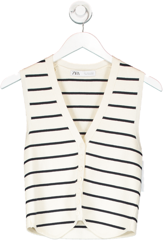 ZARA Cream Striped  Knit Look Button Front Sleeveless Vest UK S