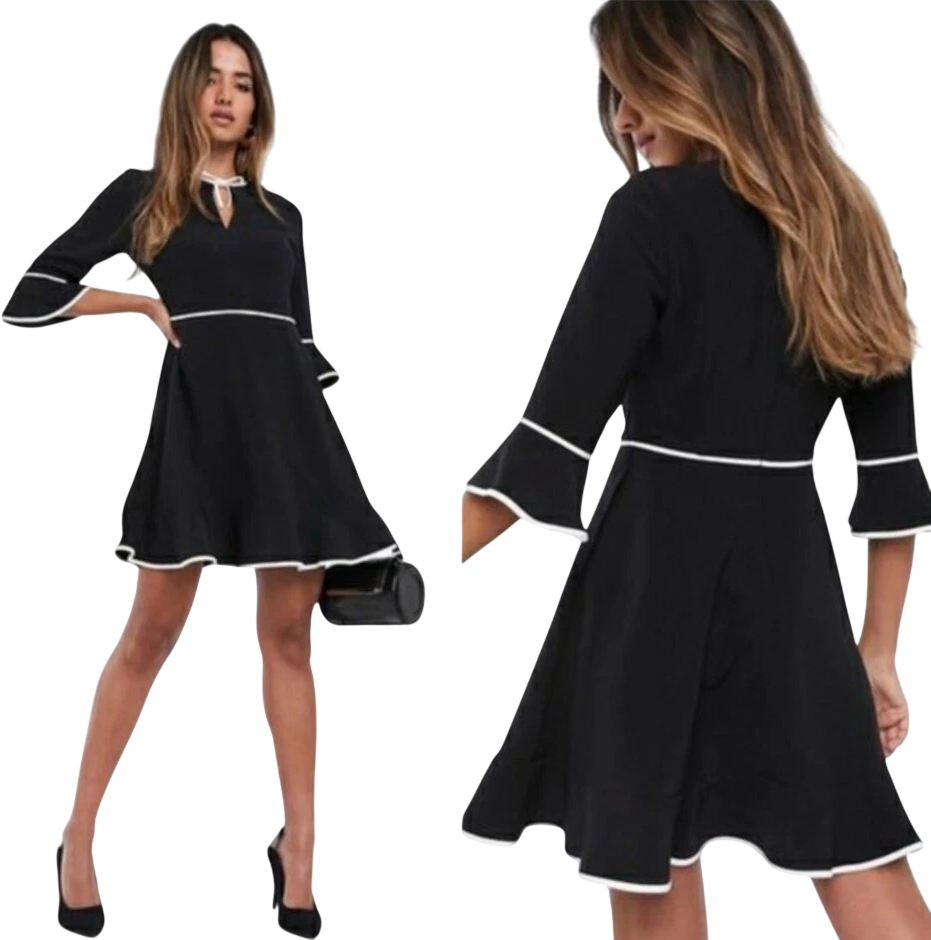 Ted Baker Black / Ivory  Dindy Woven Skater Dress With Bow Binding Sz2 UK 10