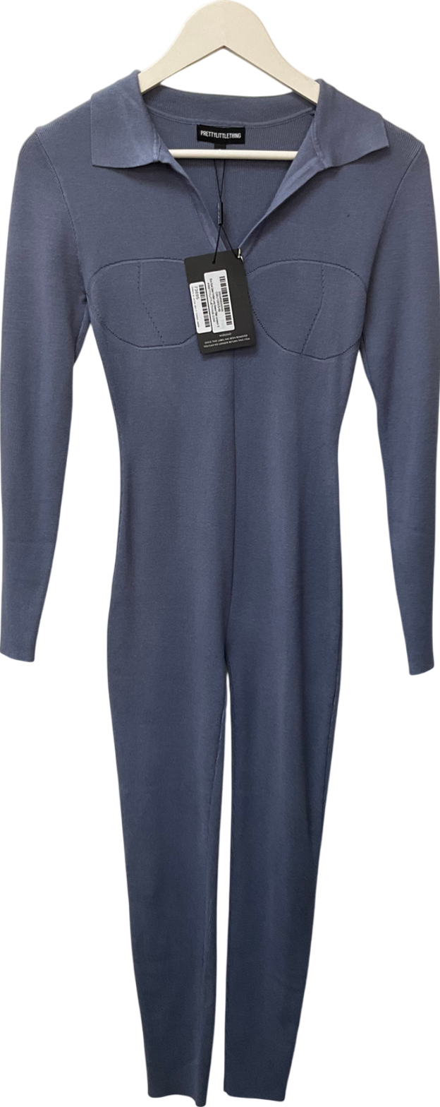 PrettyLittleThing Blue Bust Detail Knitted Long Sleeve Fitted Jumpsuit UK S