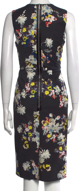 Erdem Darice Midnight Black Floral Twill Sleeveless V-neck Pencil Sheath Dress UK 8