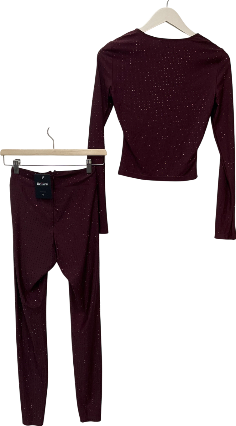 SLA the label Burgundy Nola Diamanté Leggings & Saffi Diamante Top UK XS