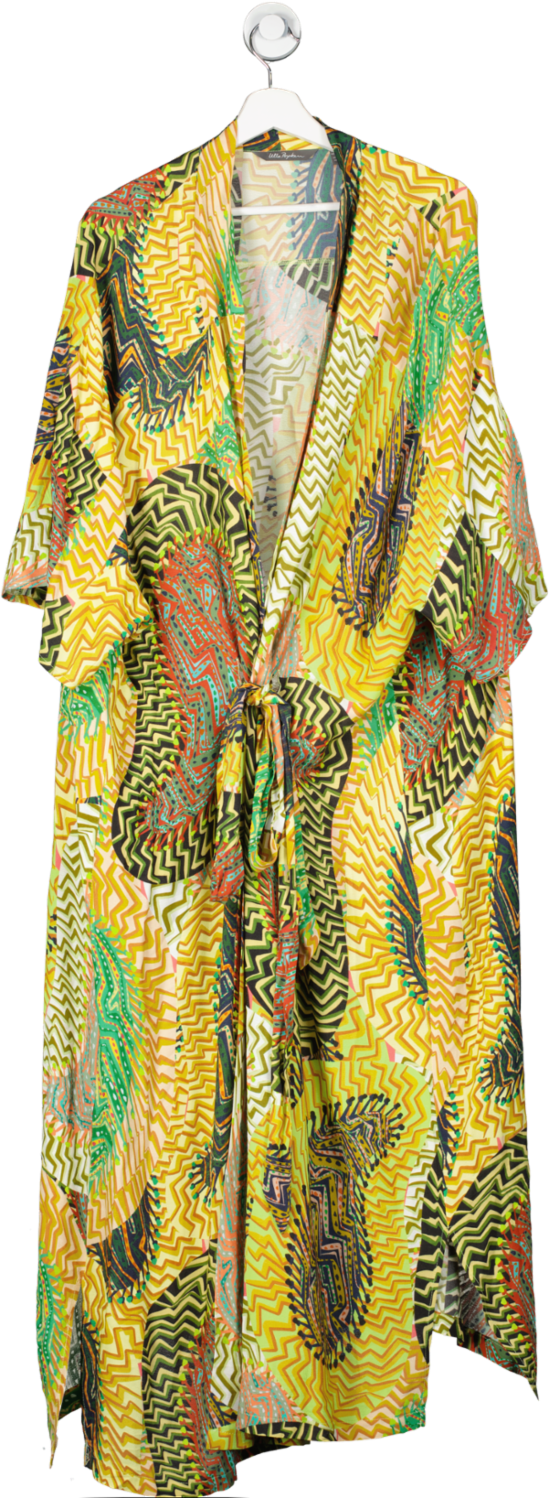 Ulla Popken Yellow Abstract Print Long Kimono Shirt Dress With Tie Waist UK 24