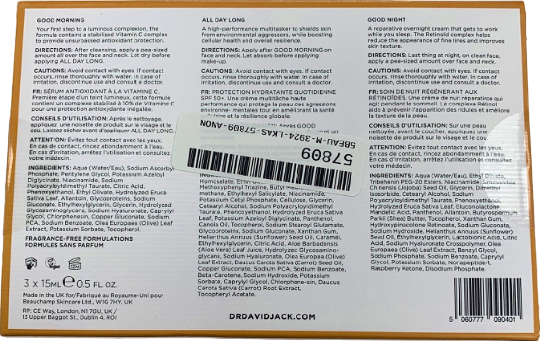 Dr. David Jack Daily Skin Trio Discovery Set Antioxidant Serum SPF 50+ Moisturiser Night Cream 3x15ml