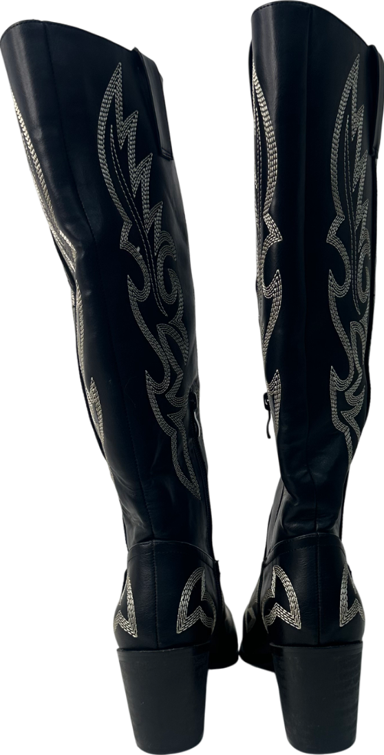 boohoo Black Vintage Look Calf Detail Embroidered Western Cowboy Boots UK 5 EU 38 👠