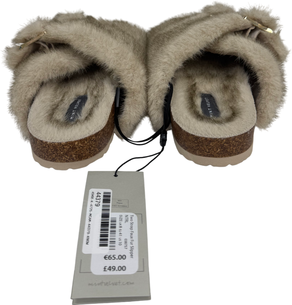 Mint Velvet Nude Two Strap Faux Fur Slippers UK 8 EU 41 👠