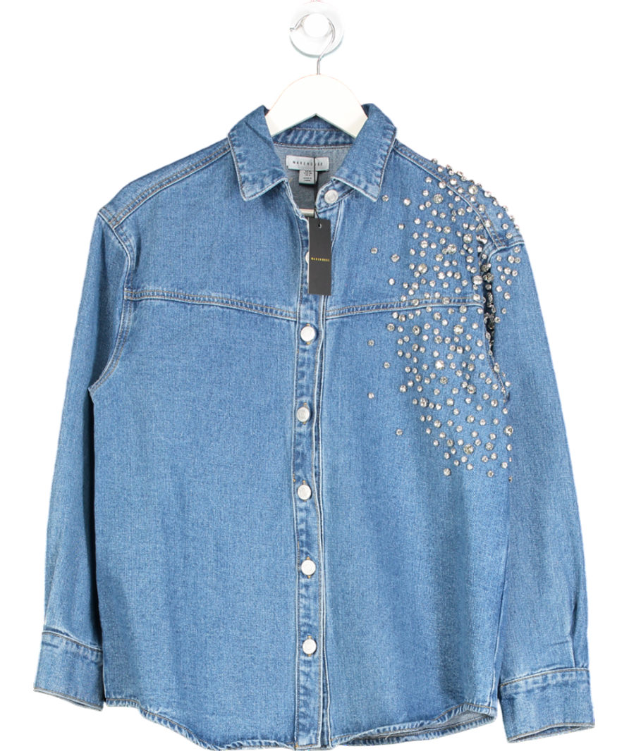 Warehouse Blue Premium Crystal Embellished Sequin Oversized Shirt UK 10