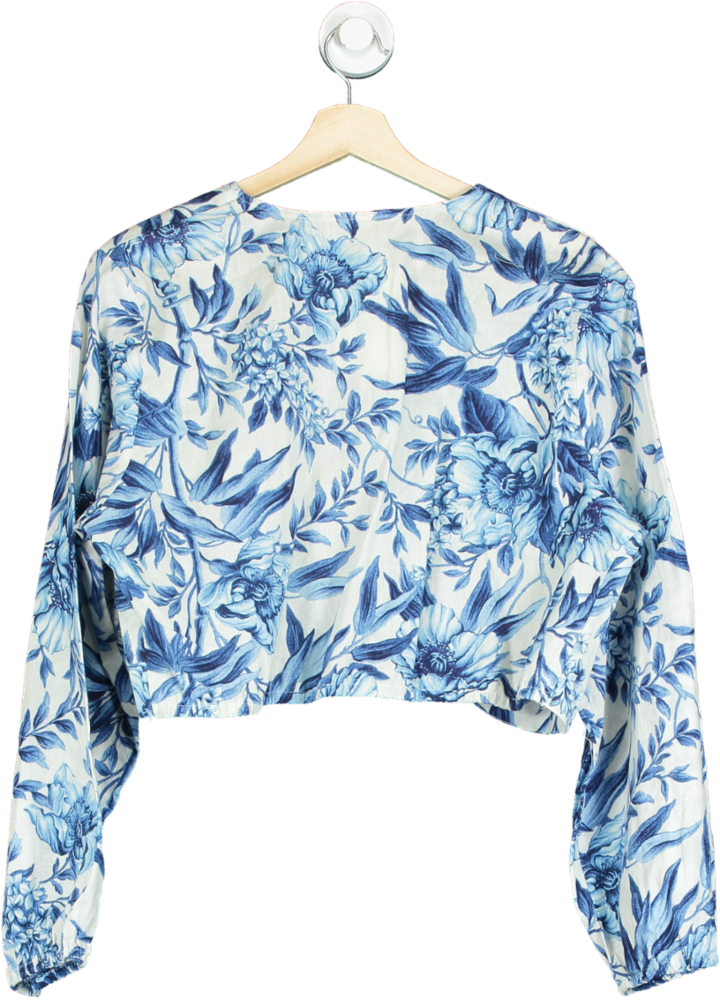 H&M Blue Linen Blend Floral Print Wrap Top UK XL