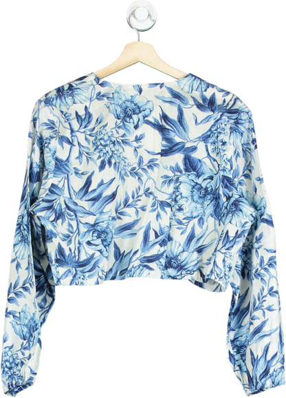 H&M Blue Linen Blend Floral Print Wrap Top UK XL