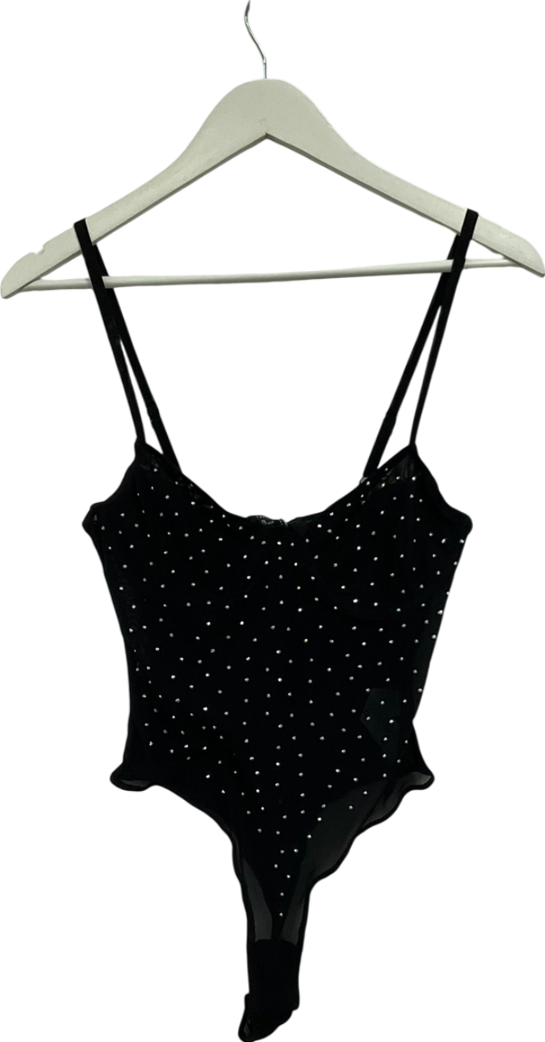 forever 21 Black Mesh Diamanté Detailed Bodysuit UK S