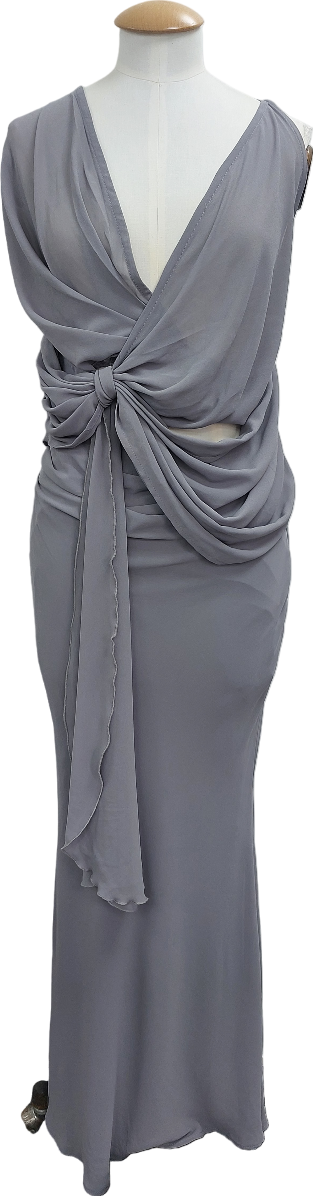 Misspap Grey Chiffon Halterneck Draped Twist Top & Maxi Skirt Set UK 8