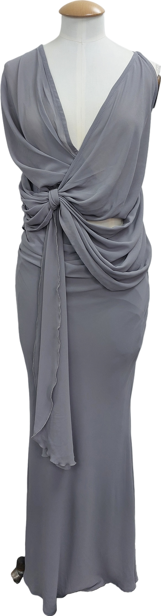 Misspap Grey Chiffon Halterneck Draped Twist Top & Maxi Skirt Set UK 8