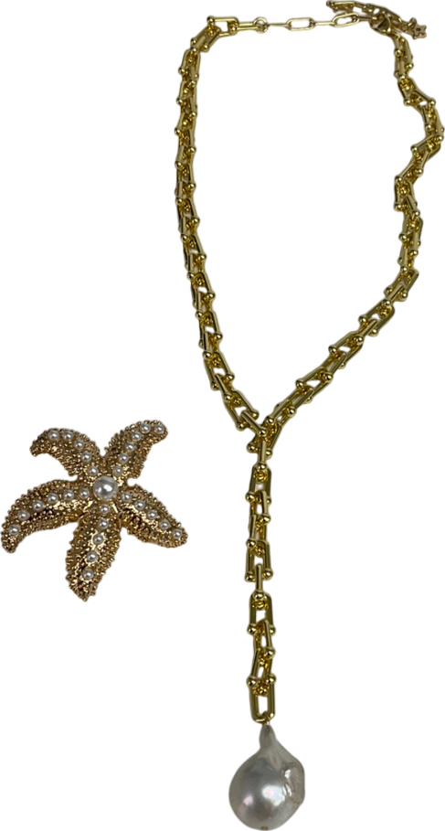 Metallic Gold Choker With Pendant & One Star-fish Earring One Size