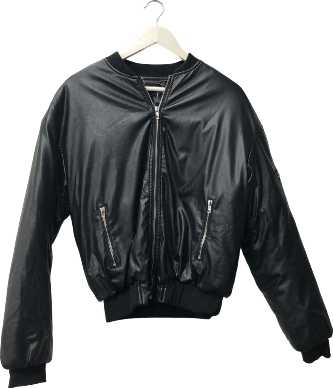 PrettyLittleThing Black Faux Leather Oversized Bomber Jacket UK 6