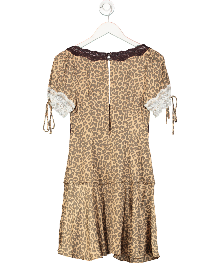 Free People Brown Leopard Dainty Lace Silky Jos Mini Slip Dress UK XS