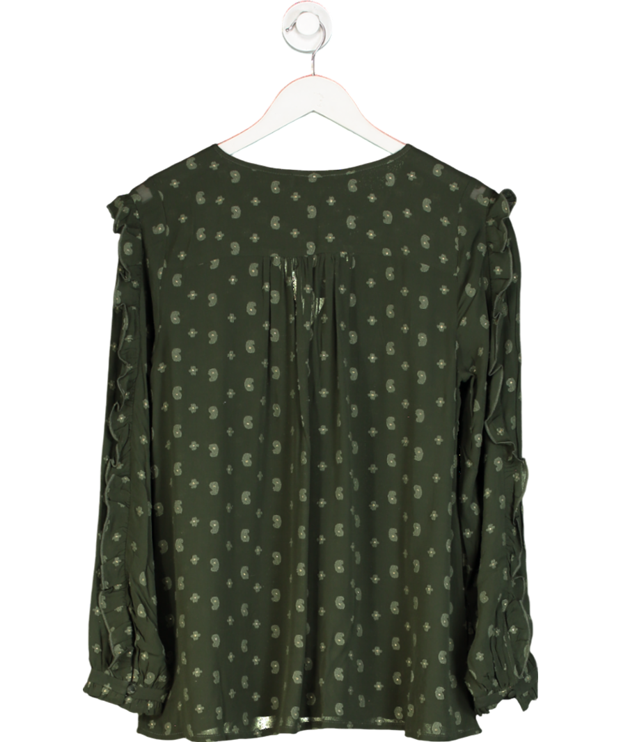 Mint Velvet Green V-neckline Long Sleeved Blouse With Ruffled Detailing And A Subtle Floral Print UK M