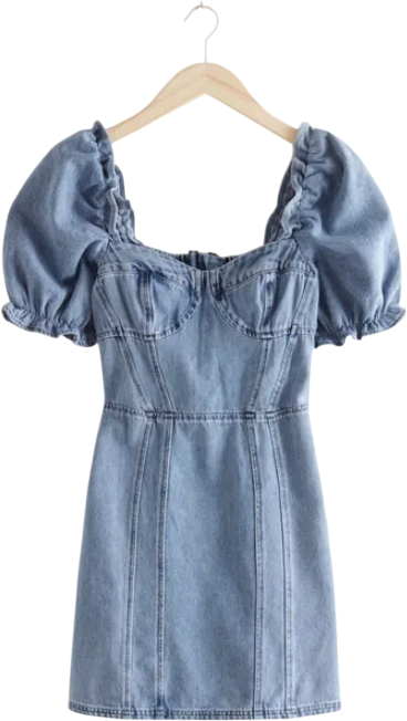 & Other Stories Blue Puff Sleeve Denim Corset Mini Dress UK 8