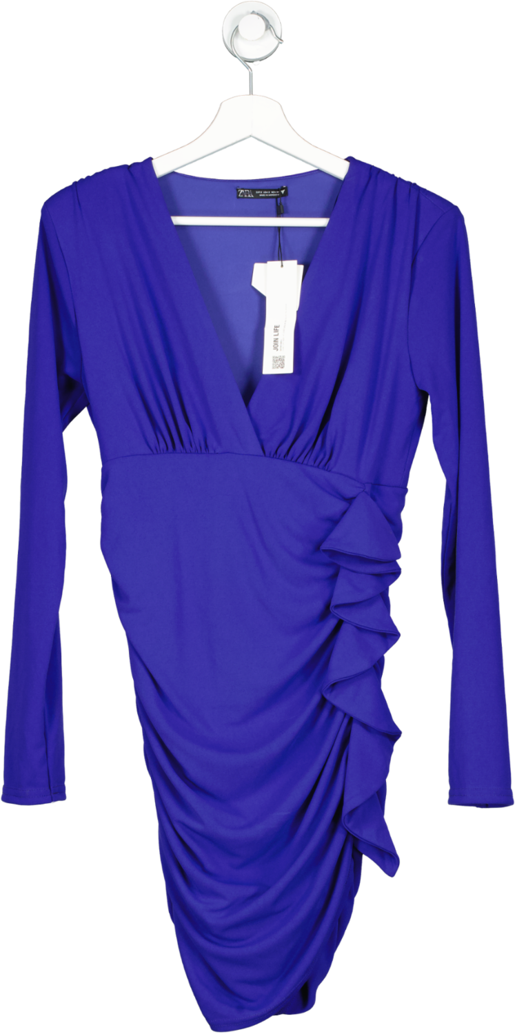 ZARA Blue Ruffle Detail Long Sleeve Double Lined Mini Dress BNWT UK S