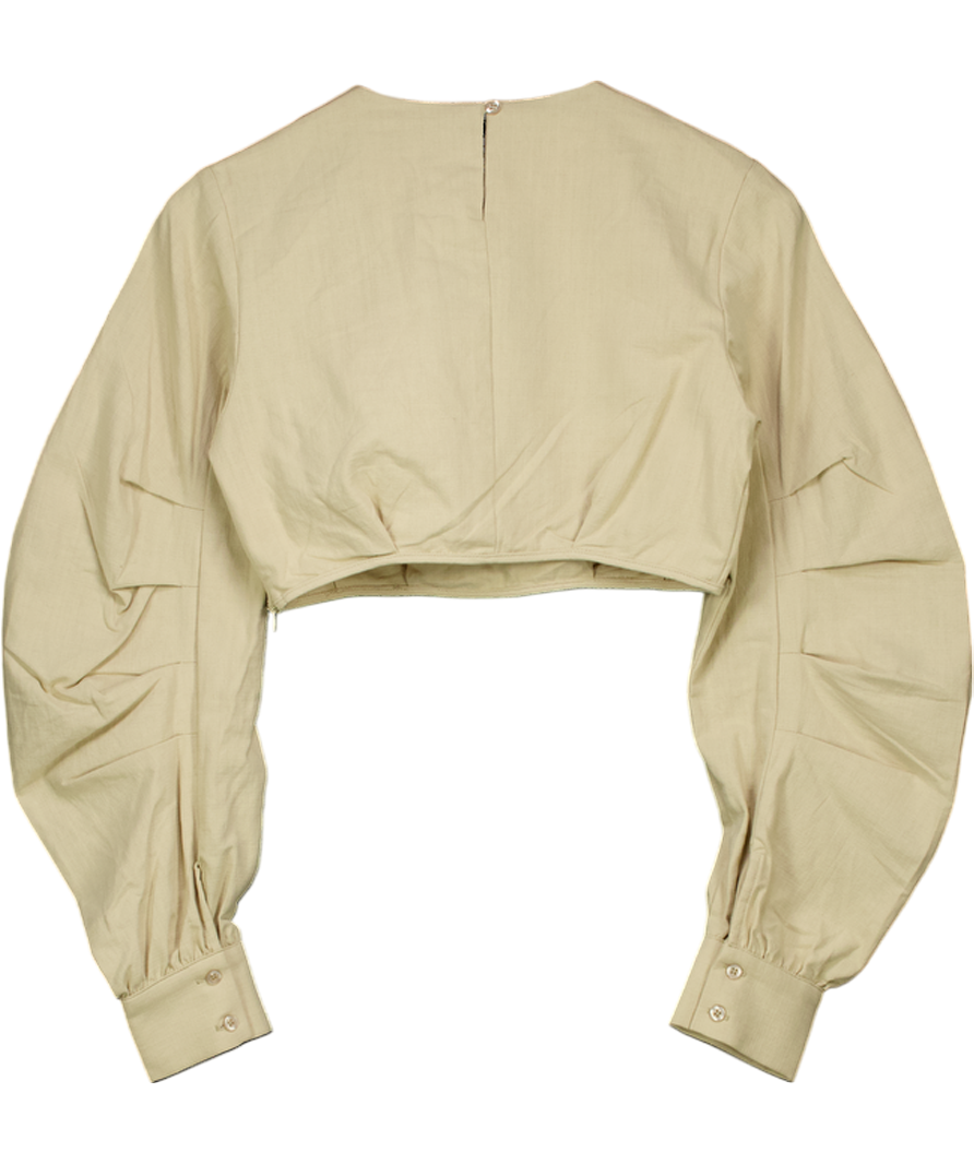 Lioness Beige Cotton Pleated Sleeve Crop Top UK XS