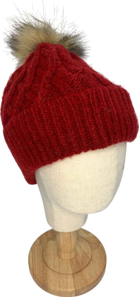 Abercrombie & Fitch Red Knitted Beanie With Faux Fur Bobble One Size