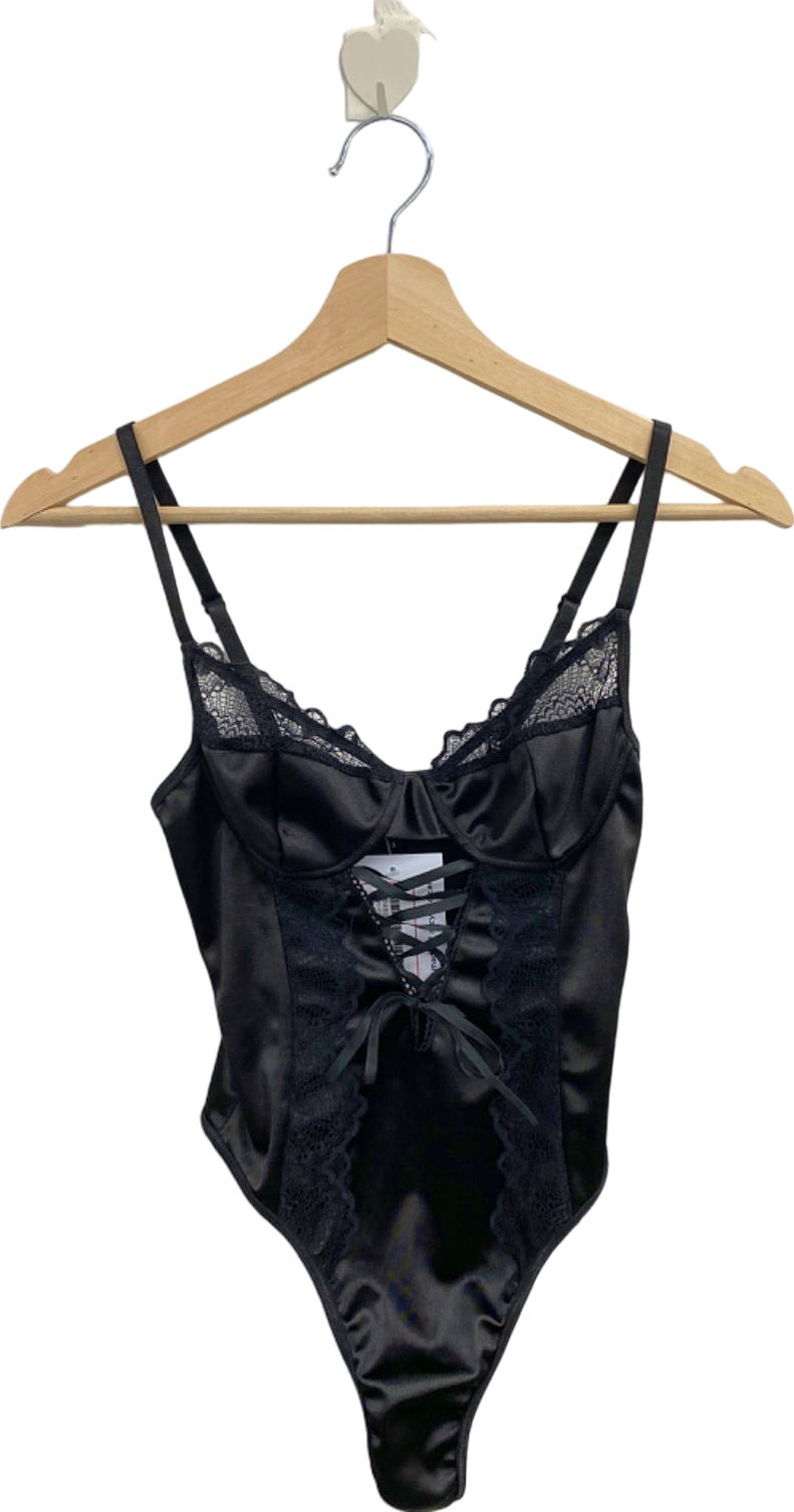 PrettyLittleThing Black Satin Lace Bodysuit UK S