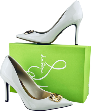 SAM EDELMAN Ivory White / Gold Hazel Radiant Embellished Faux Patent Leather Heels Us8 UK 6 EU 39