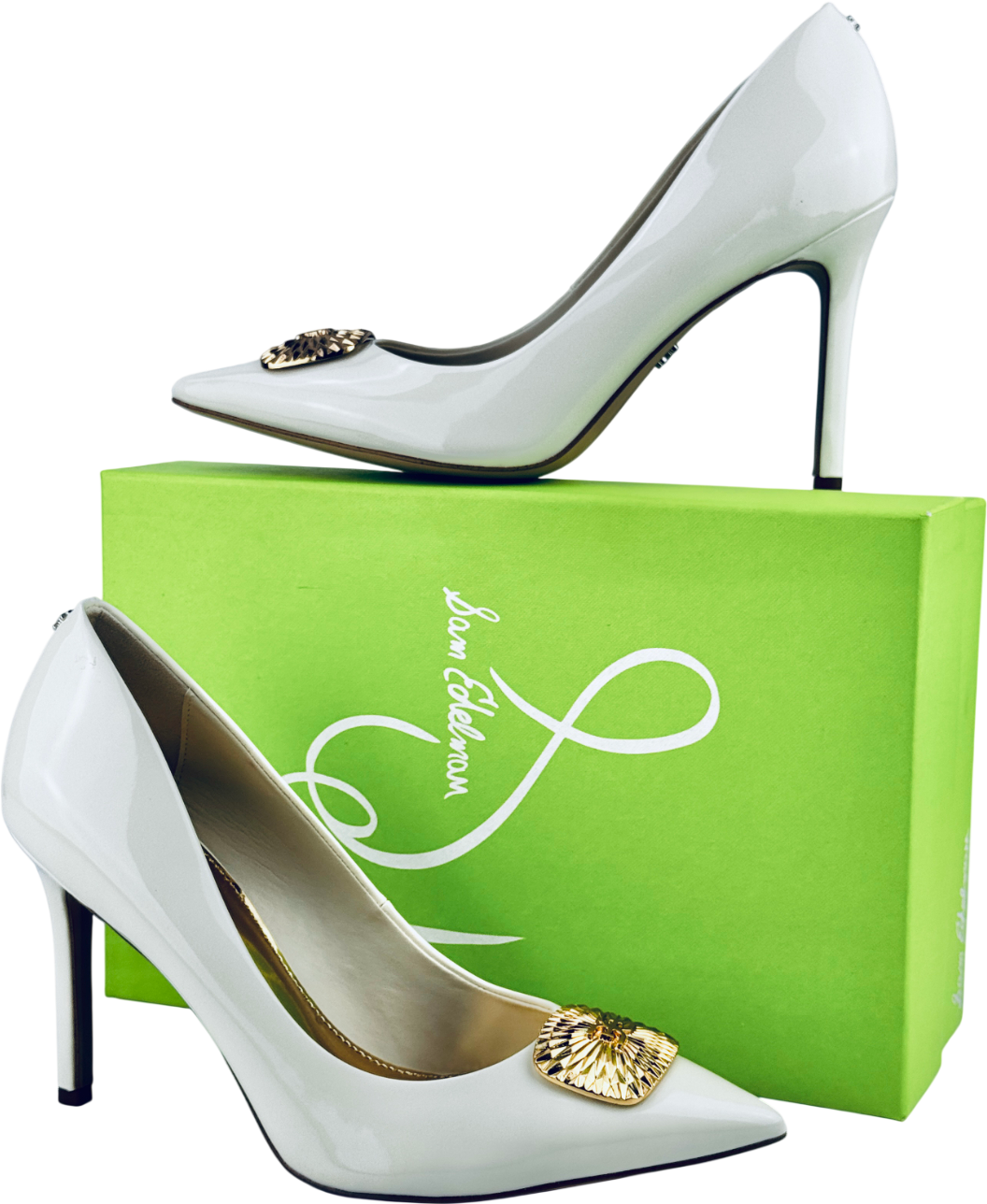 SAM EDELMAN Ivory White / Gold Hazel Radiant Embellished Faux Patent Leather Heels Us8 UK 6 EU 39 👠