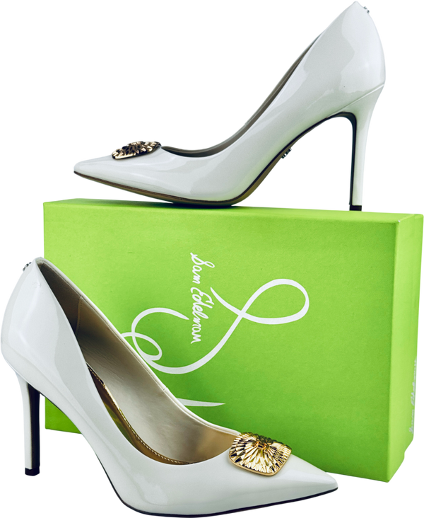 SAM EDELMAN Ivory White / Gold Hazel Radiant Embellished Faux Patent Leather Heels Us8 UK 6 EU 39