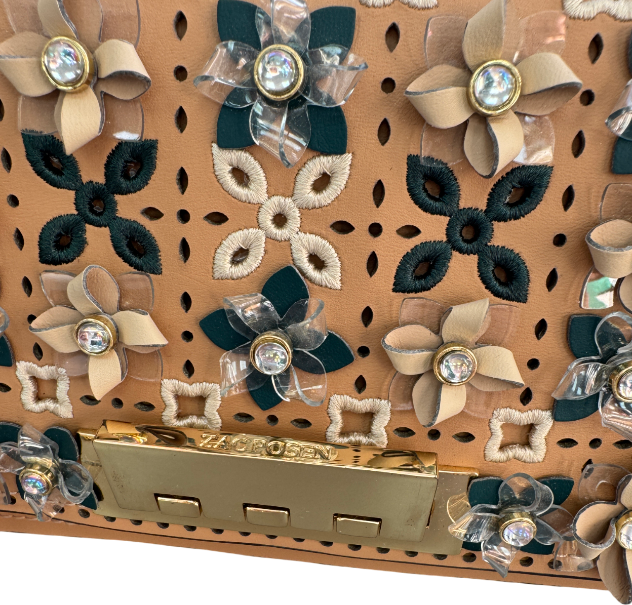 ZAC POSEN Beige Earthette Floral Appliqué Convertible Shoulder Bag