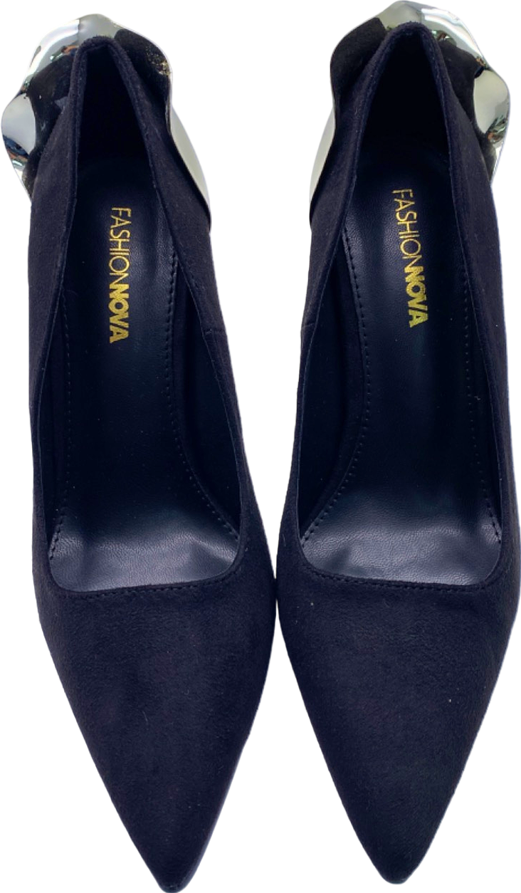 Fashion Nova Black Metallic Heel Pointed Toe Court Shoes UK Size 6