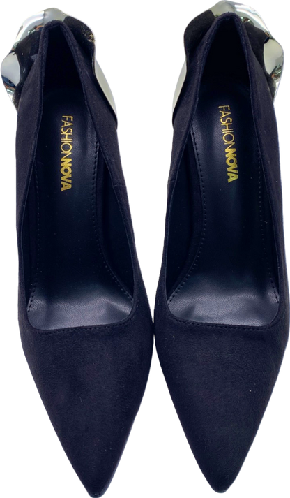 Fashion Nova Black Metallic Heel Pointed Toe Court Shoes UK Size 6