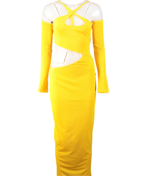 BBXBRAND Yellow Cut-out Mesh Maxi Dress UK XS