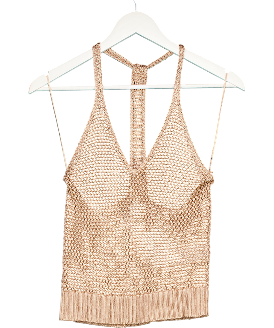 REISS Metallic Ruby Atelier Open-knit Halterneck Top In Gold UK S