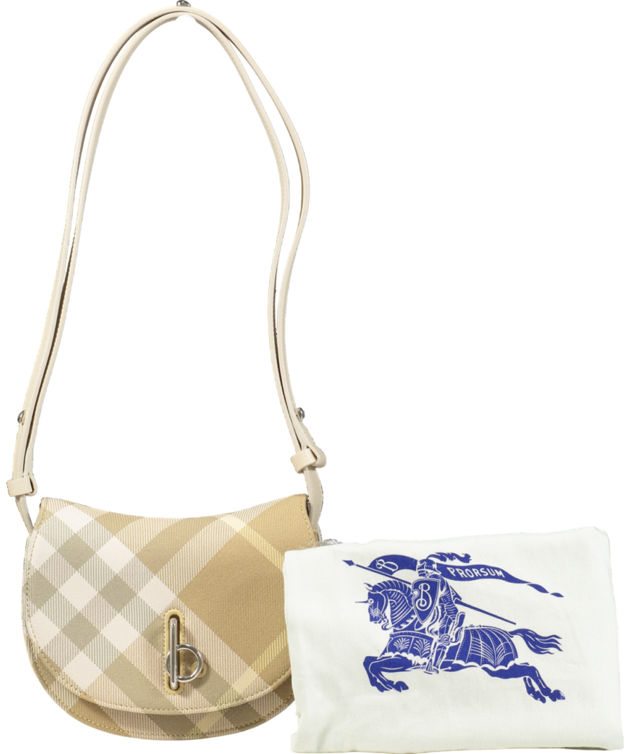 Burberry Rocking Horse Mini Beige Check / Ivory Leather-trimmed Crossbody Bag