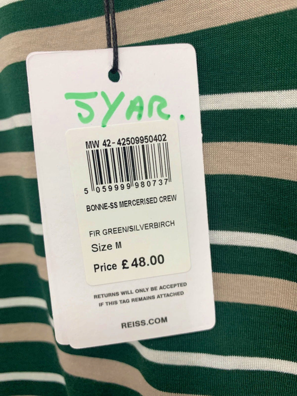 Reiss Fir Green Silver Birch Striped Mercerised Crew T-Shirt UK M