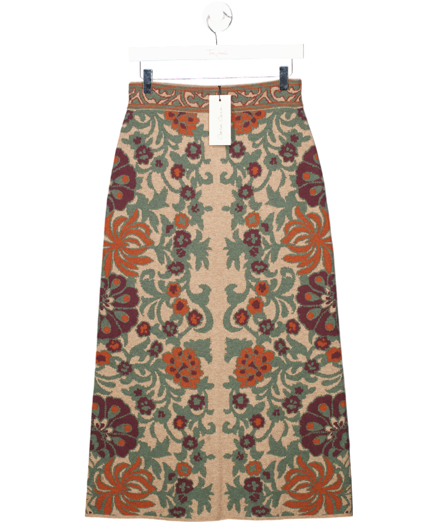 CARA CARA Beige Floral Jacquard Knit Clara Midi Skirt UK S