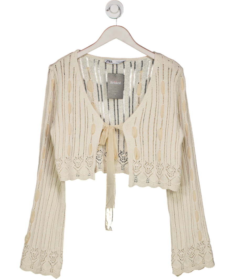 ZARA Cream Tie Front Crochet Knit Cardigan UK S