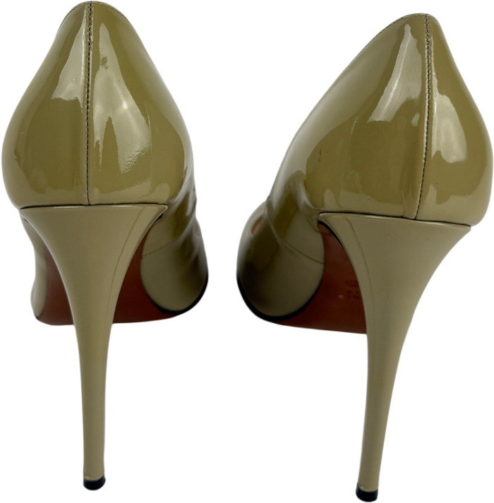 BOHOBOCO pale olive Green Slip On Patent Pointed Toe Heels UK 8 EU 41 👠