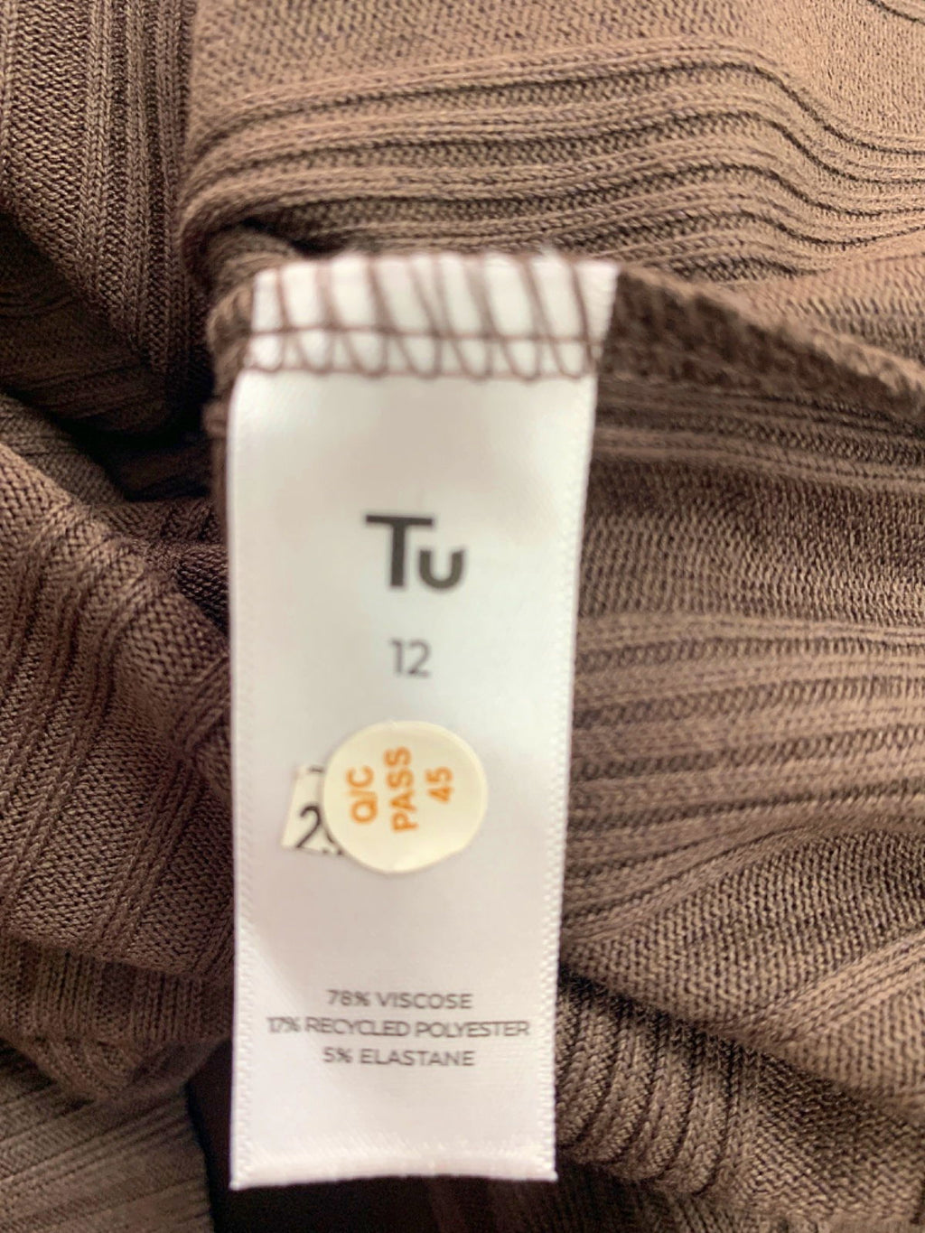 Tu Brown Ribbed Long Sleeve Top UK 12