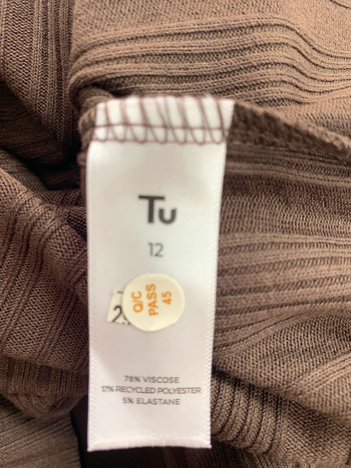 Tu Brown Ribbed Long Sleeve Top UK 12