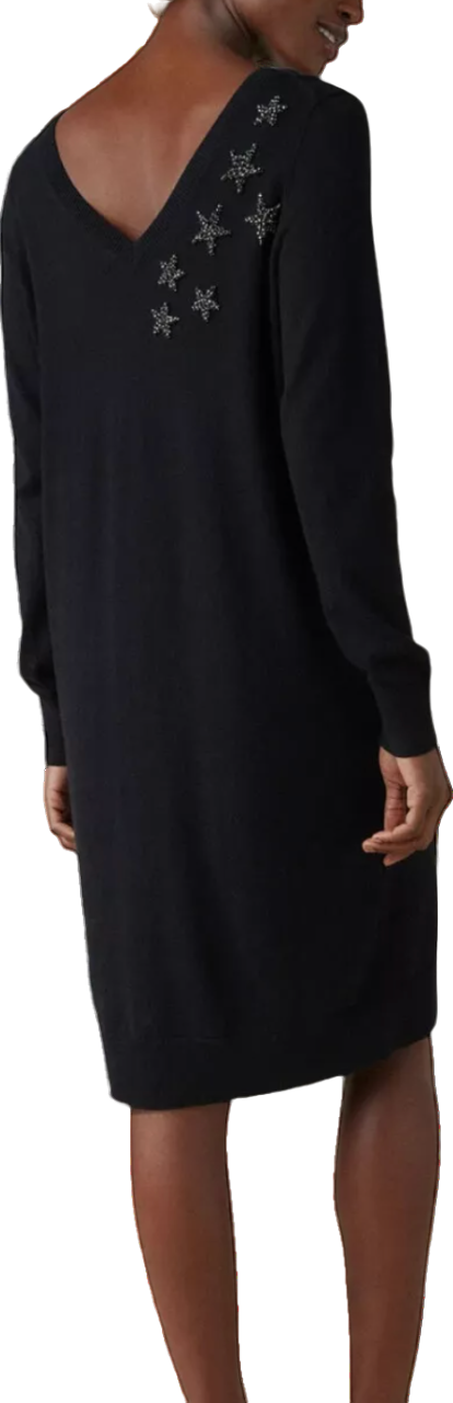 The White Company Black Wool/cotton Blend Embellished Star Party Knit Dress UK 8