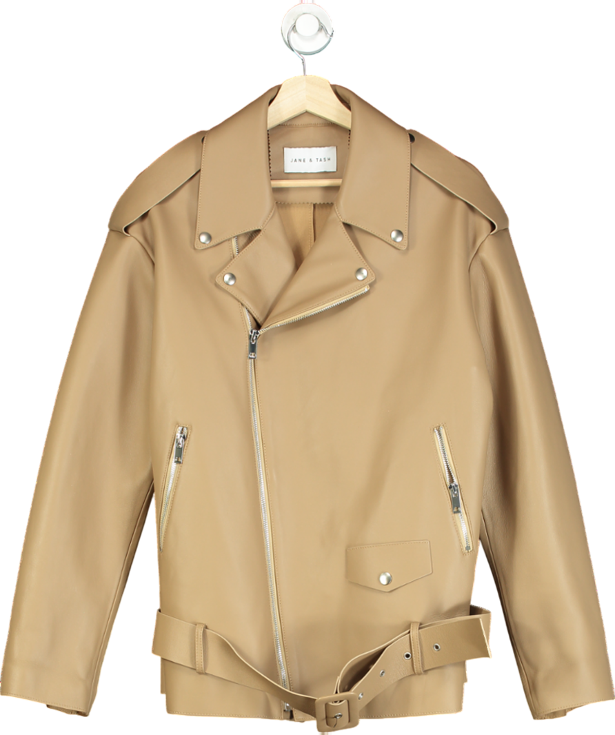 JANE & TASH Beige Oversized Belted Leather Jacket UK M