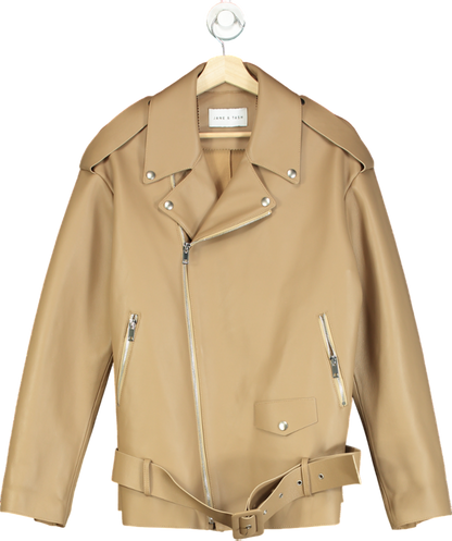 JANE & TASH Beige Oversized Belted Leather Jacket UK M